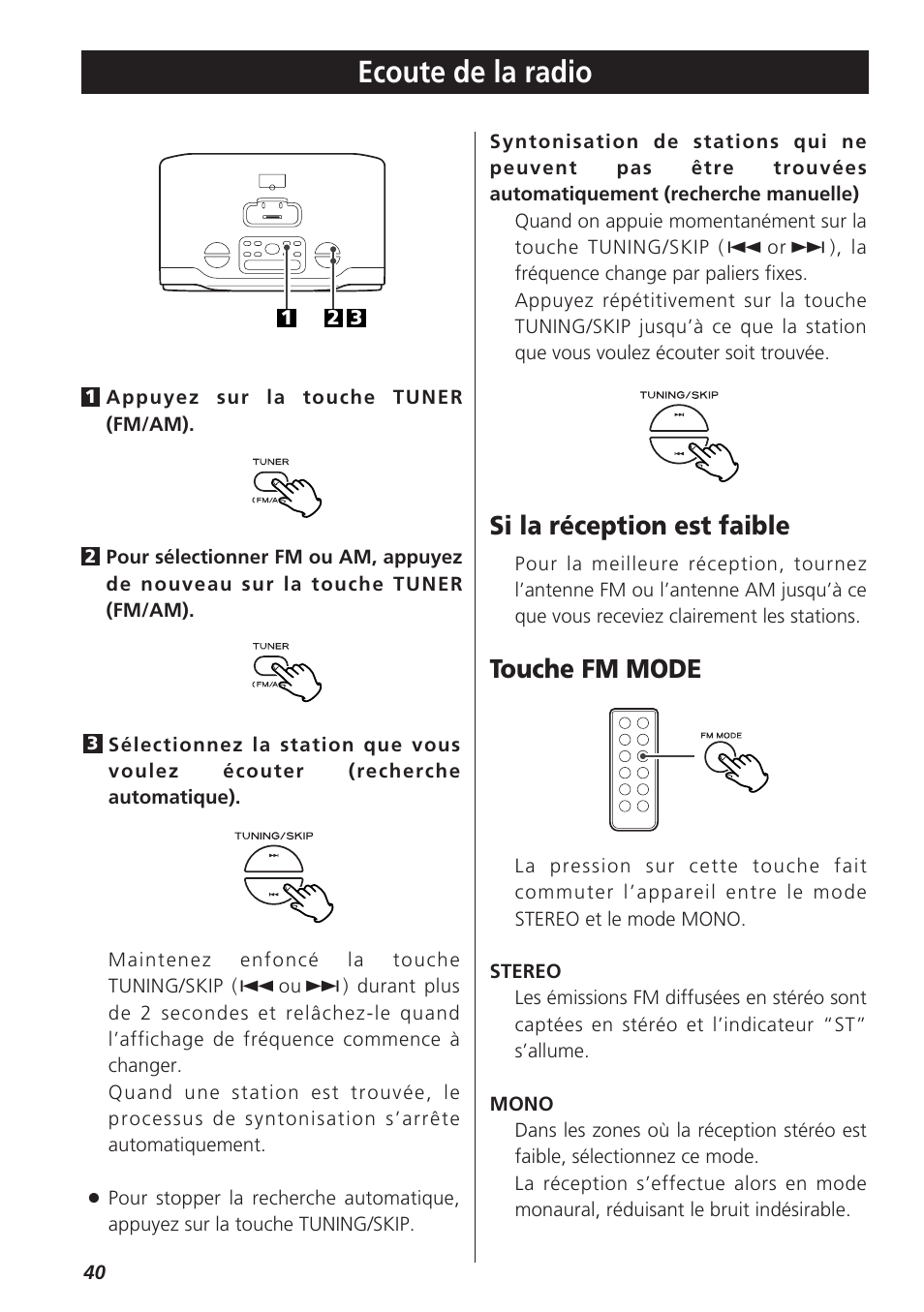 Ecoute de la radio, Si la réception est faible, Touche fm mode | Teac GR-7i User Manual | Page 40 / 68