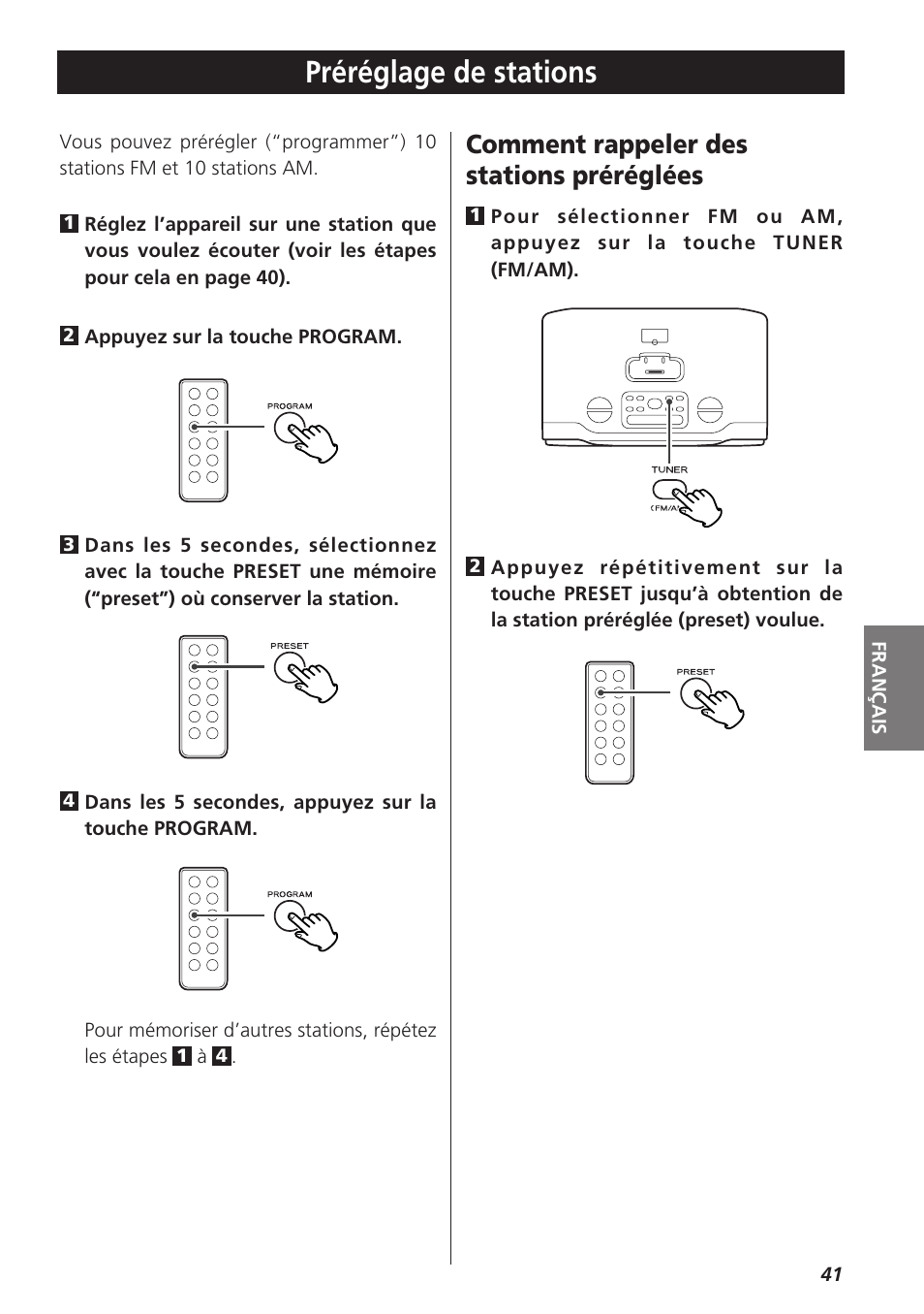 Préréglage de stations, Comment rappeler des stations préréglées | Teac GR-7i User Manual | Page 41 / 68