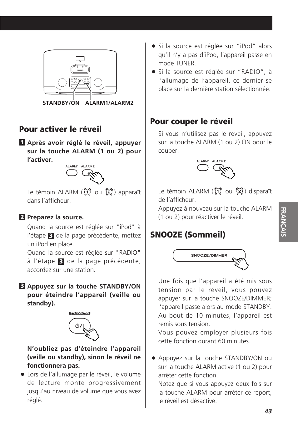 Pour activer le réveil, Pour couper le réveil, Snooze (sommeil) | Teac GR-7i User Manual | Page 43 / 68