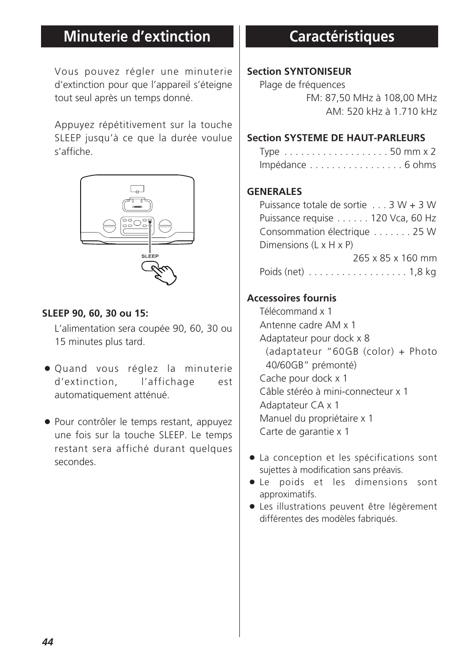 Caractéristiques, Minuterie d’extinction | Teac GR-7i User Manual | Page 44 / 68