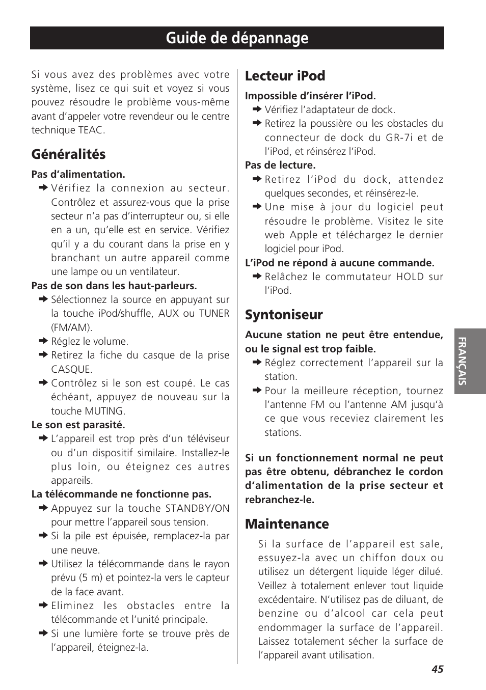 Guide de dépannage, Généralités, Lecteur ipod | Syntoniseur, Maintenance | Teac GR-7i User Manual | Page 45 / 68