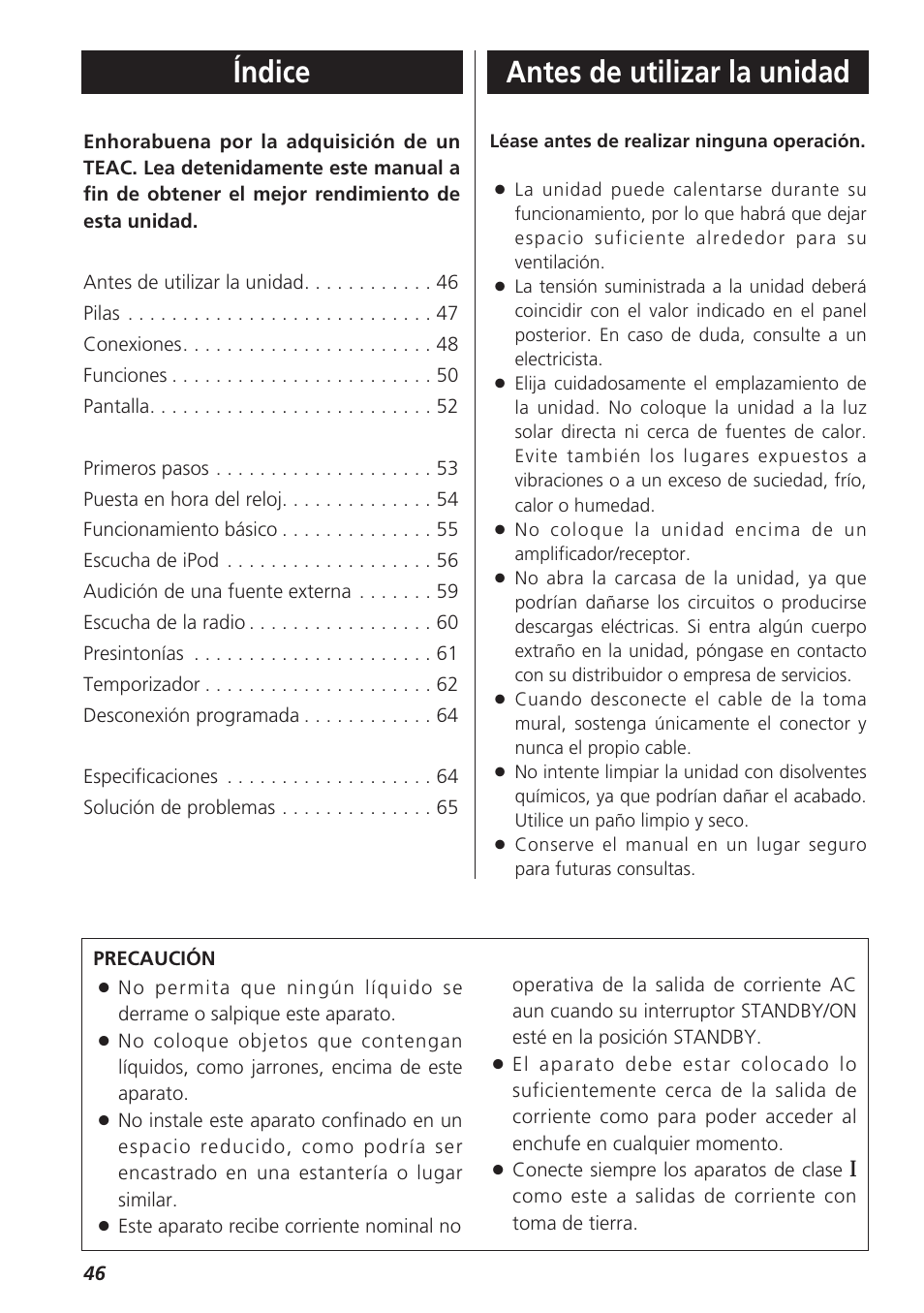Índice, Antes de utilizar la unidad | Teac GR-7i User Manual | Page 46 / 68
