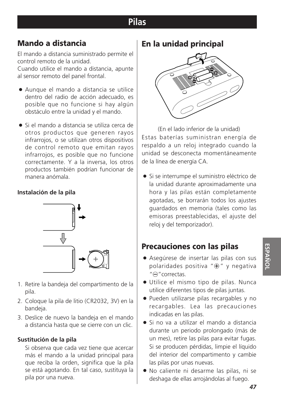 Pilas, Mando a distancia, En la unidad principal | Precauciones con las pilas | Teac GR-7i User Manual | Page 47 / 68