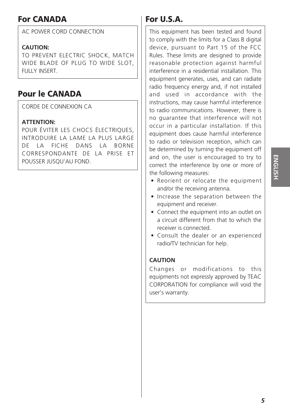 Conexione, For canada pour le canada, For u.s.a | Teac GR-7i User Manual | Page 5 / 68