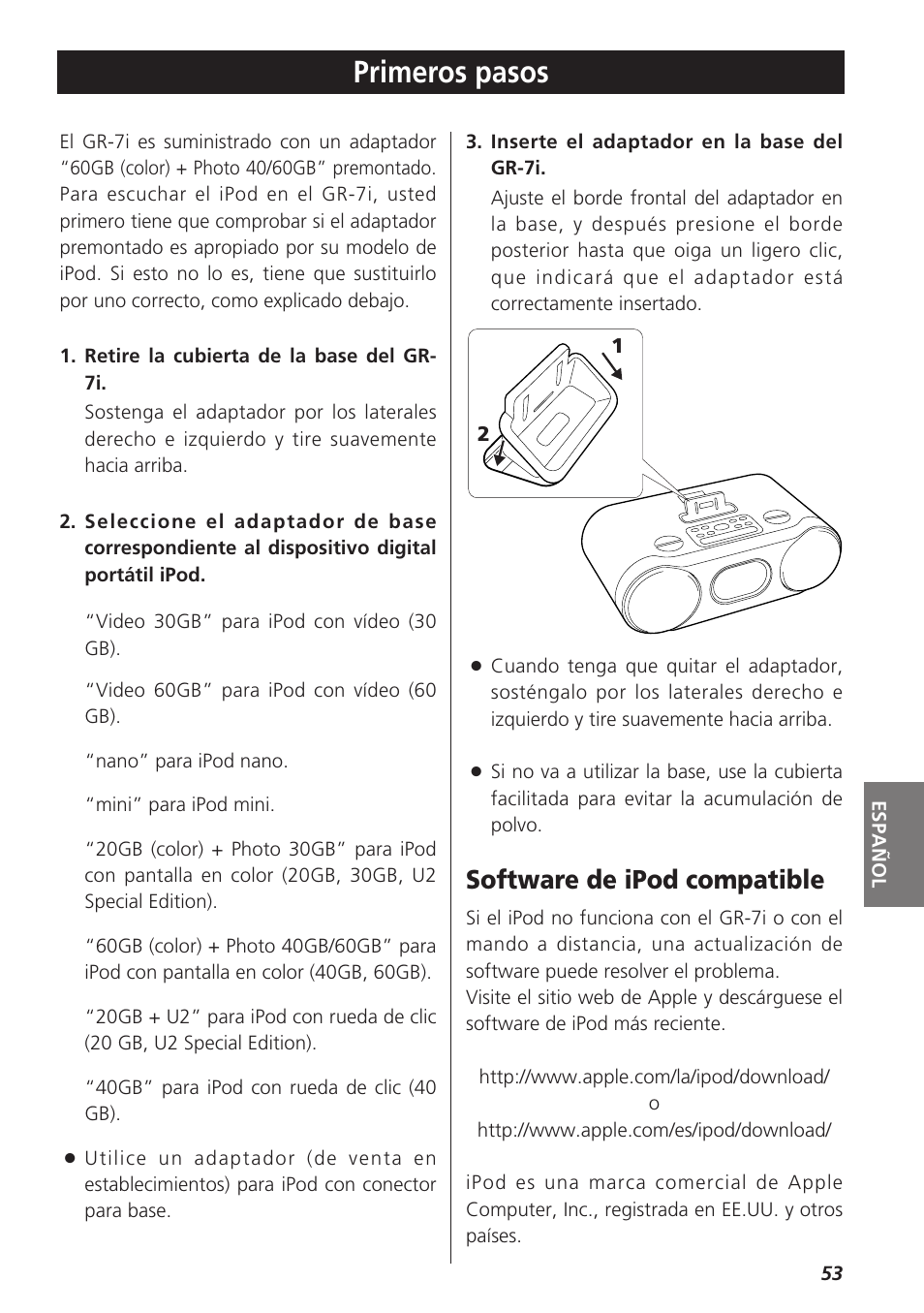 Primeros pasos, Software de ipod compatible | Teac GR-7i User Manual | Page 53 / 68