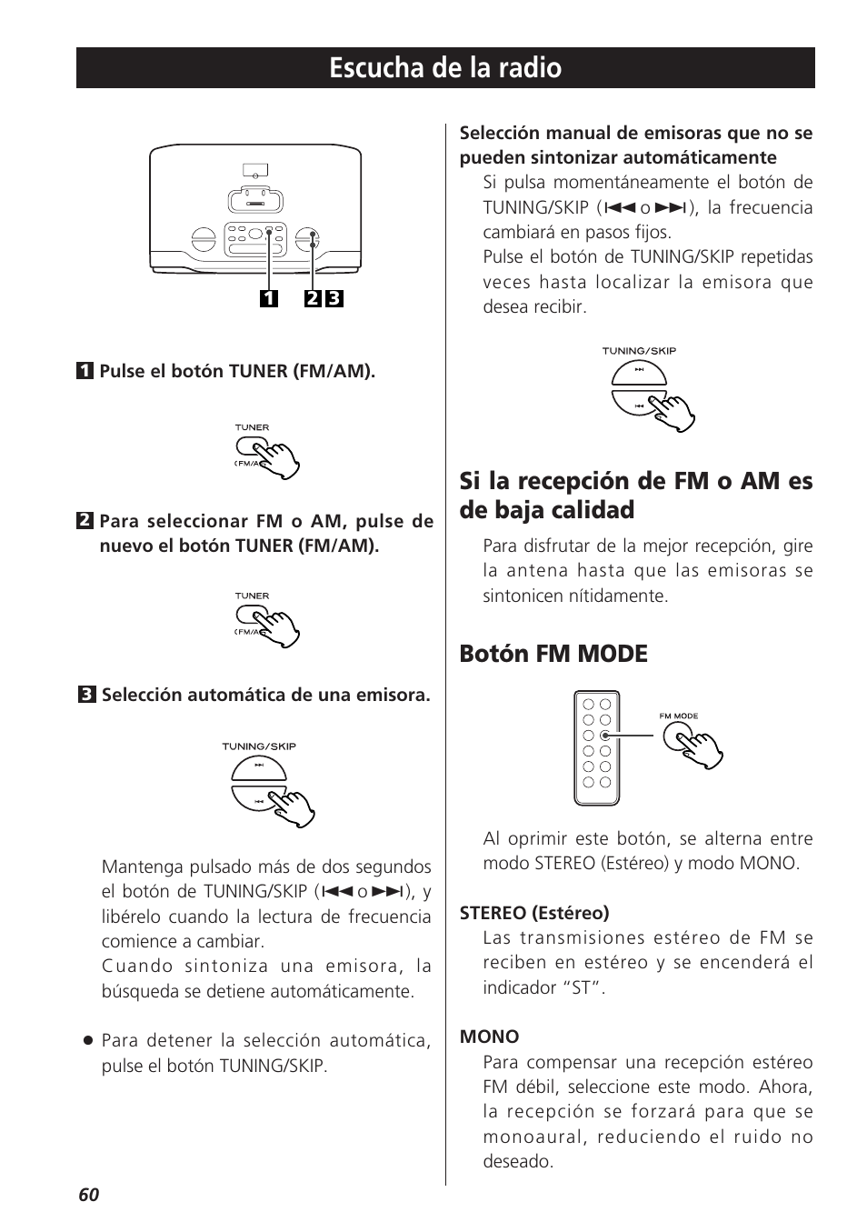 Escucha de la radio, Si la recepción de fm o am es de baja calidad, Botón fm mode | Teac GR-7i User Manual | Page 60 / 68