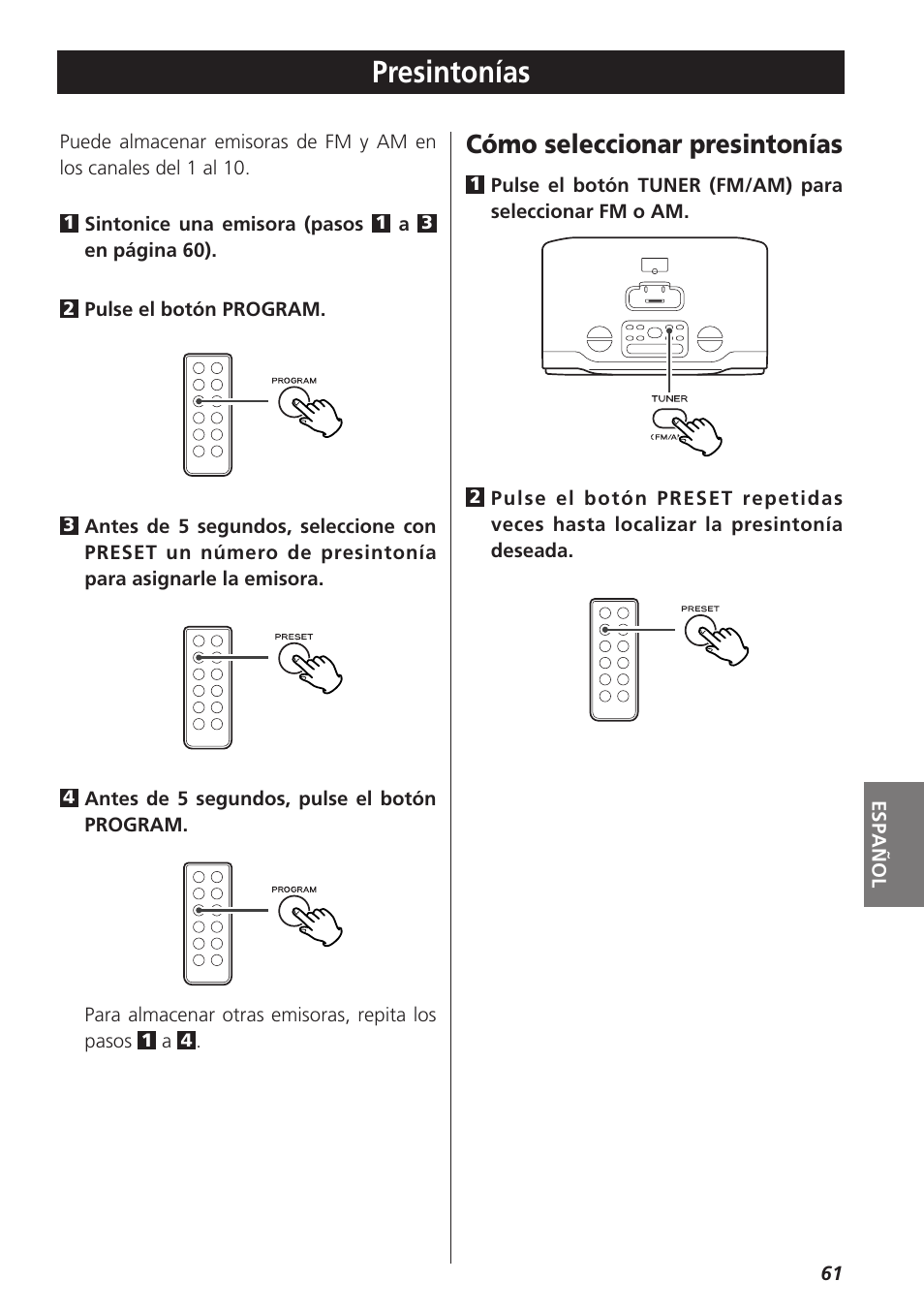 Presintonías, Cómo seleccionar presintonías | Teac GR-7i User Manual | Page 61 / 68