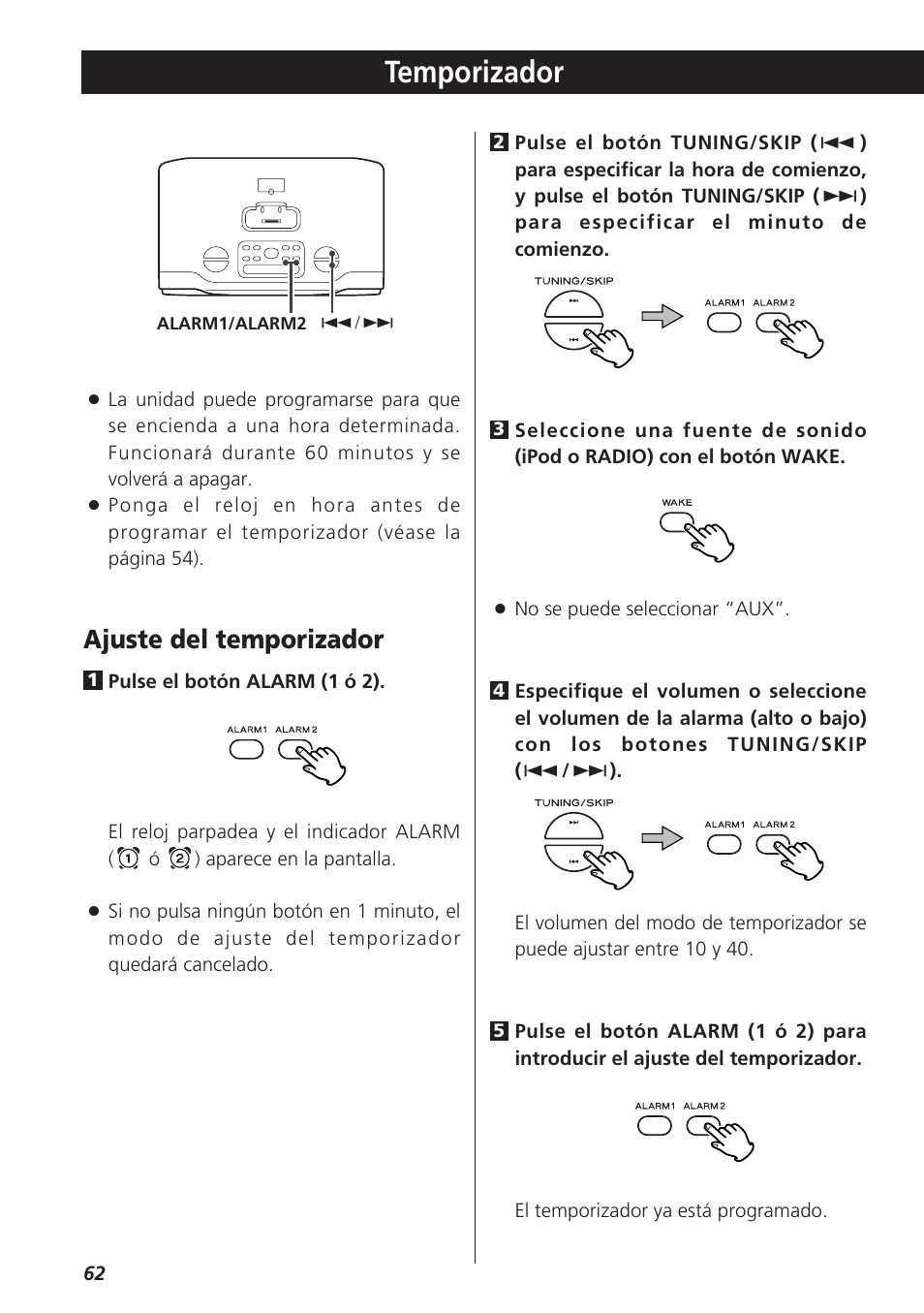 Temporizador, Ajuste del temporizador | Teac GR-7i User Manual | Page 62 / 68