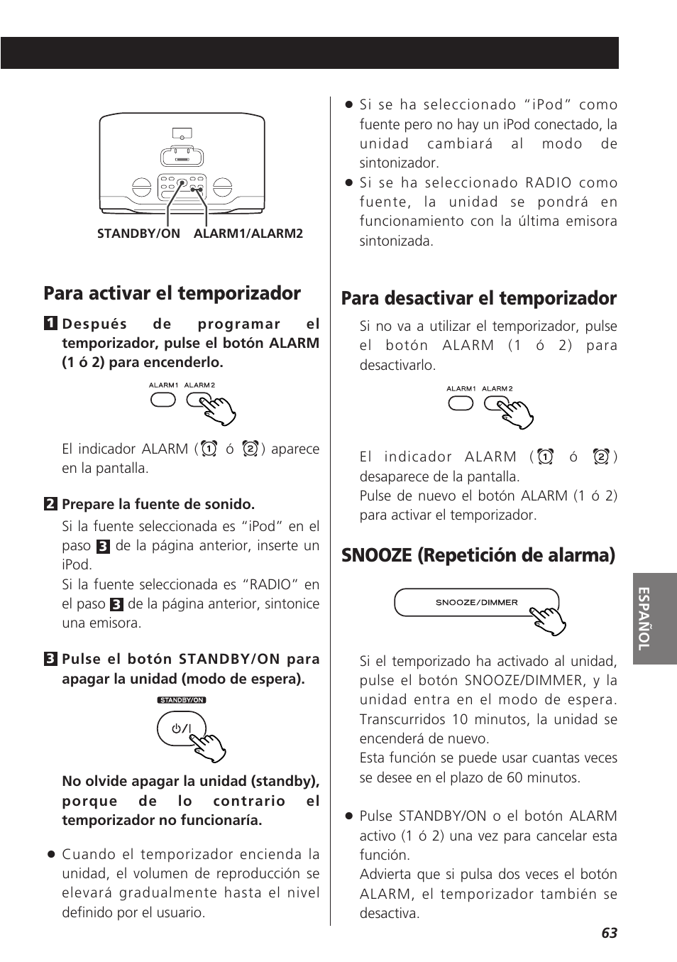 Para activar el temporizador, Para desactivar el temporizador, Snooze (repetición de alarma) | Teac GR-7i User Manual | Page 63 / 68