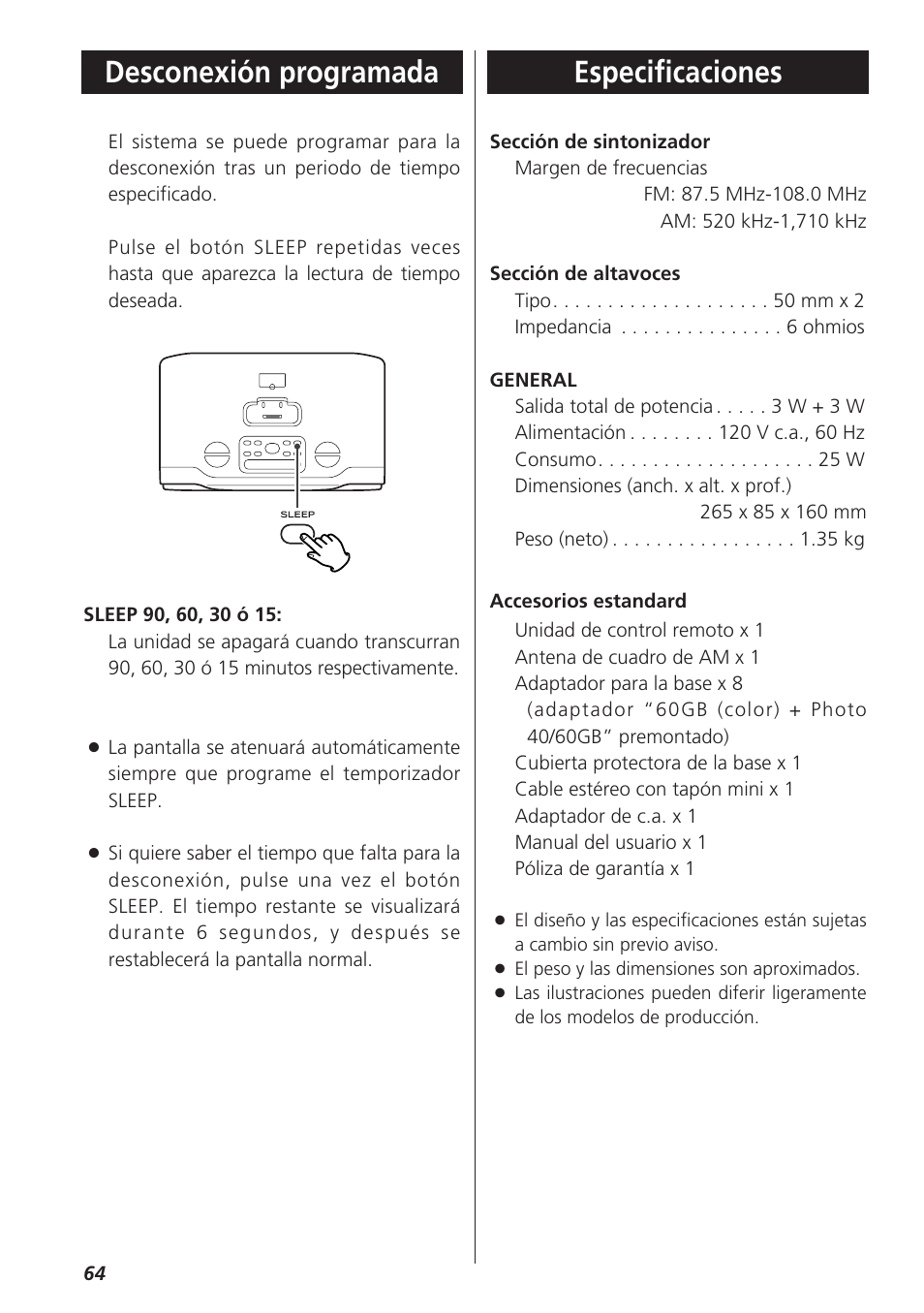 Especificaciones, Desconexión programada | Teac GR-7i User Manual | Page 64 / 68