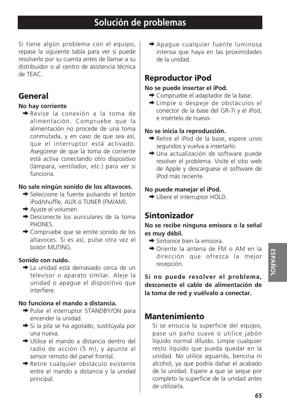 Solución de problemas, General, Reproductor ipod | Sintonizador, Mantenimiento | Teac GR-7i User Manual | Page 65 / 68