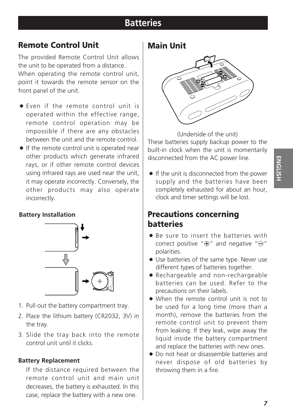 Batteries, Remote control unit, Main unit | Precautions concerning batteries | Teac GR-7i User Manual | Page 7 / 68