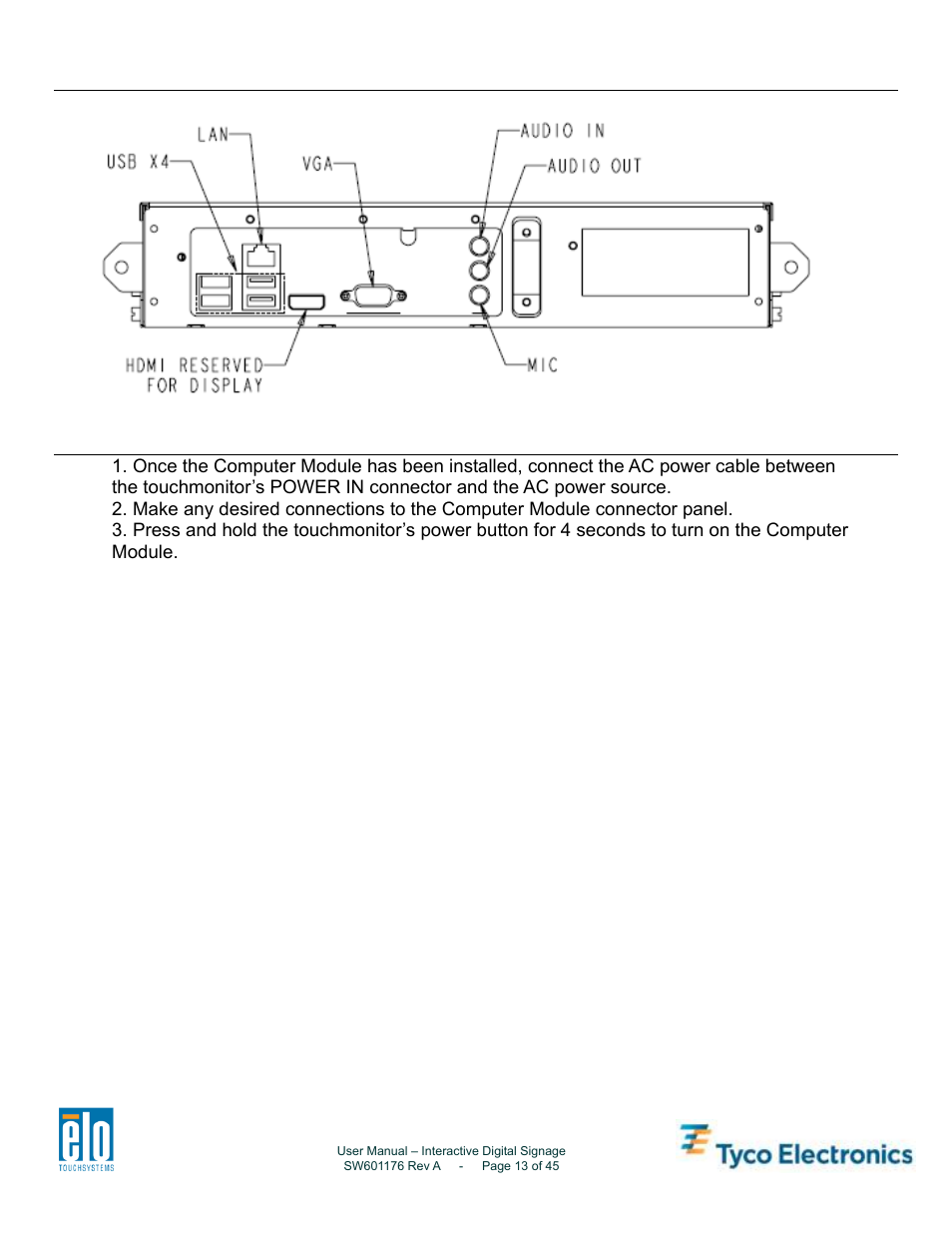Connector panel & interfaces, Touchmonitor & computer module connections | Tyco Electronics 4200L User Manual | Page 13 / 45