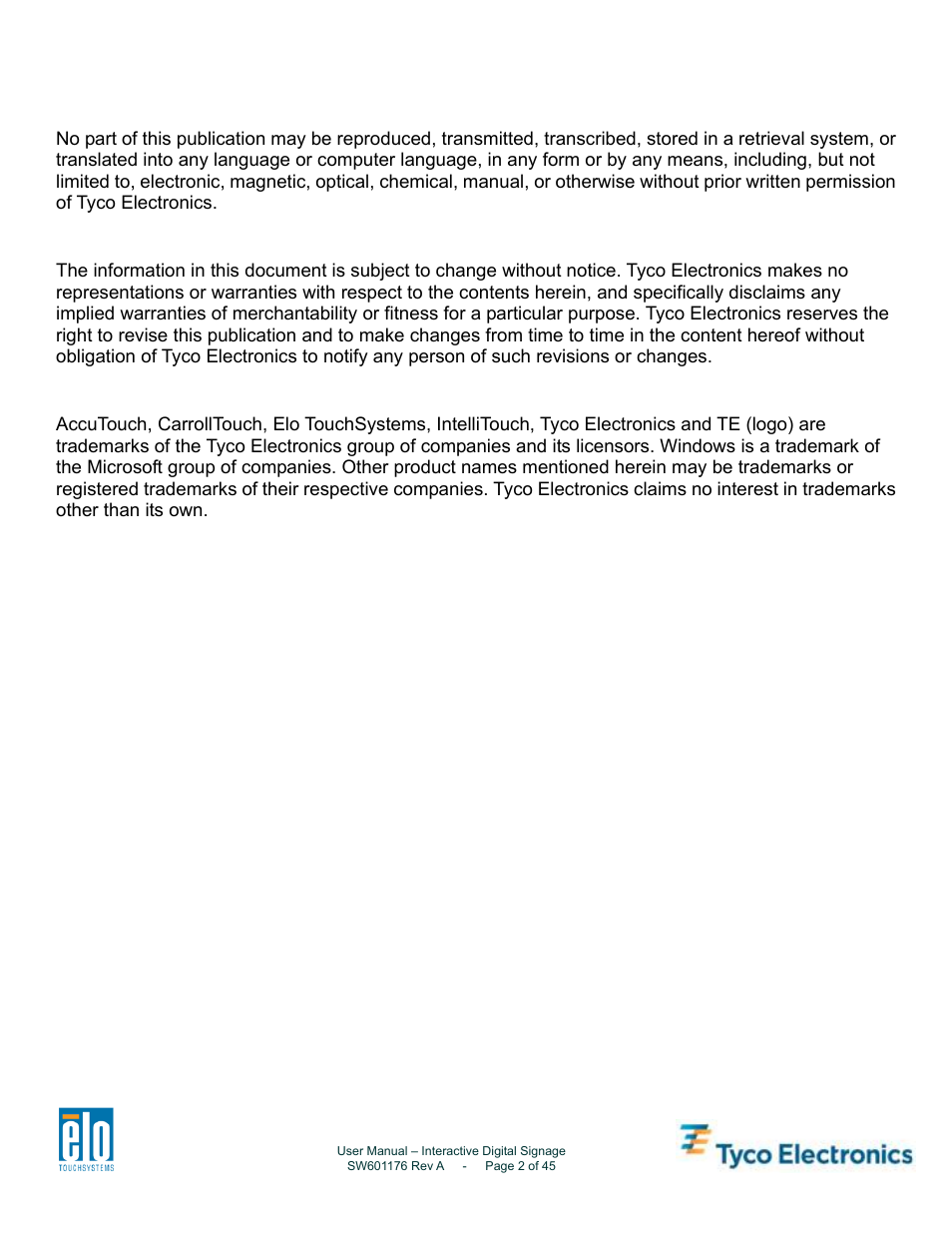 Disclaimer, Trademark acknowledgments | Tyco Electronics 4200L User Manual | Page 2 / 45