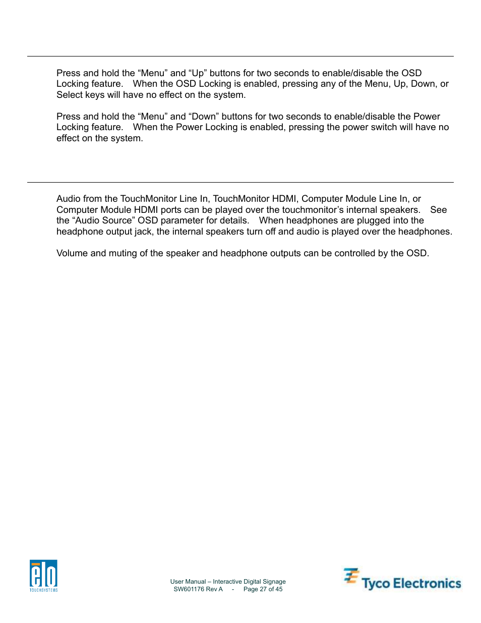 Osd and power lockouts, Audio | Tyco Electronics 4200L User Manual | Page 27 / 45