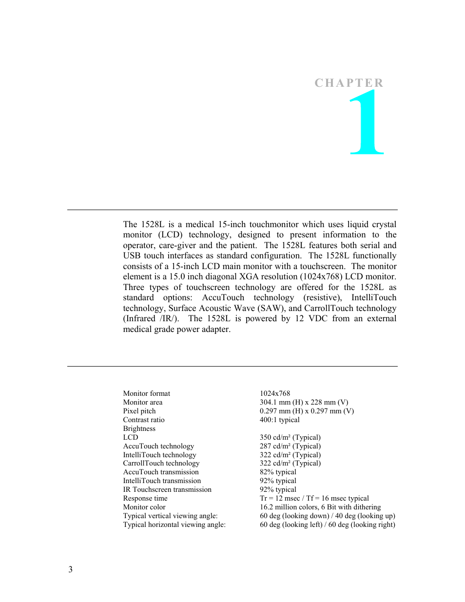 Ntroduction, Product description, Lcd monitor performance features | Tyco Electronics ET1528L User Manual | Page 11 / 44