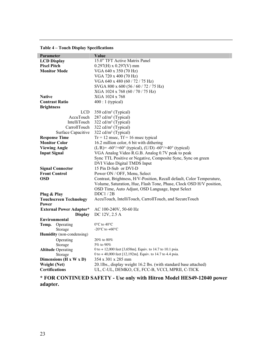 1528l - touch display specifications | Tyco Electronics ET1528L User Manual | Page 31 / 44