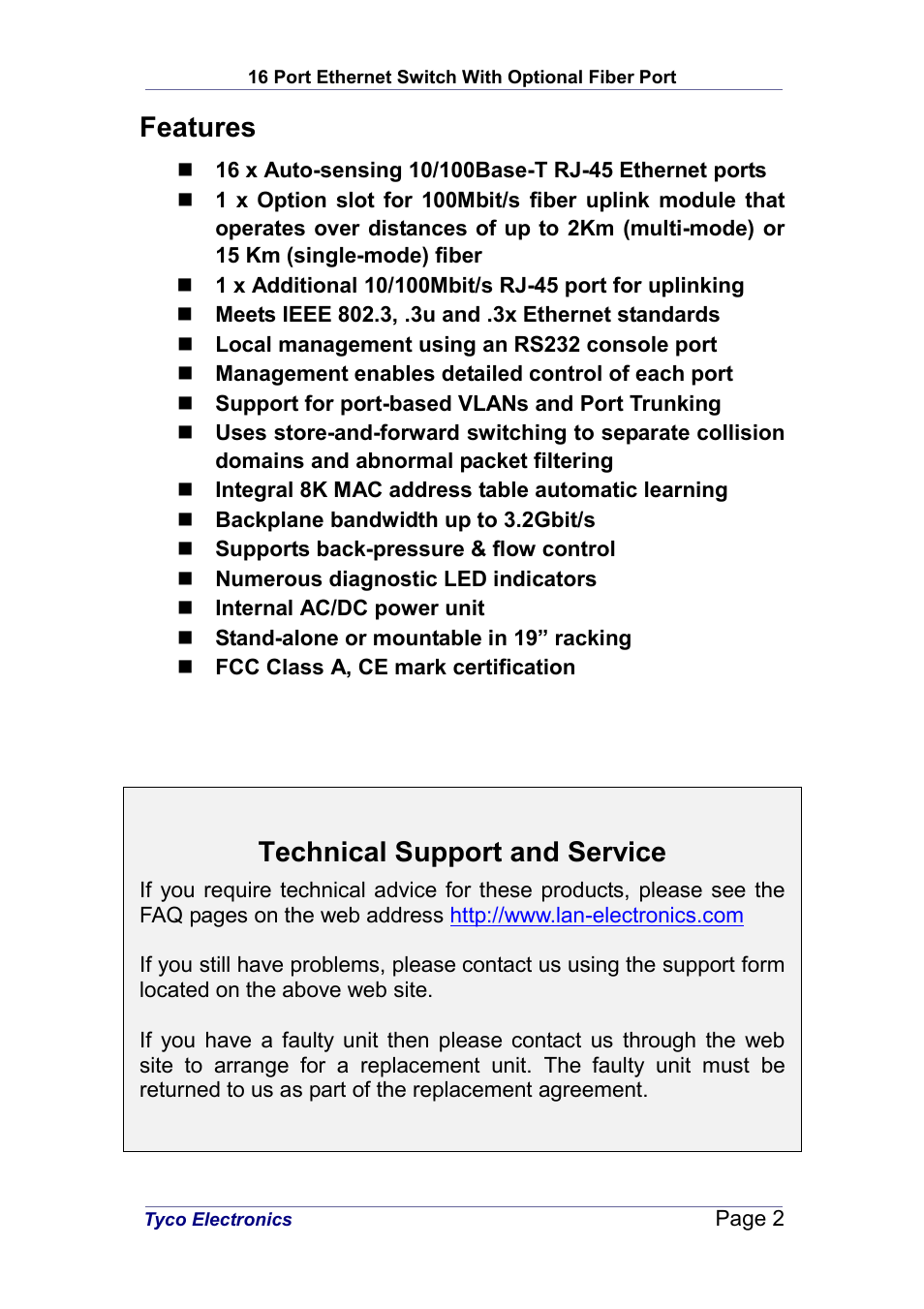 Features, Technical support and service | Tyco Electronics 0-1591046-X User Manual | Page 2 / 9