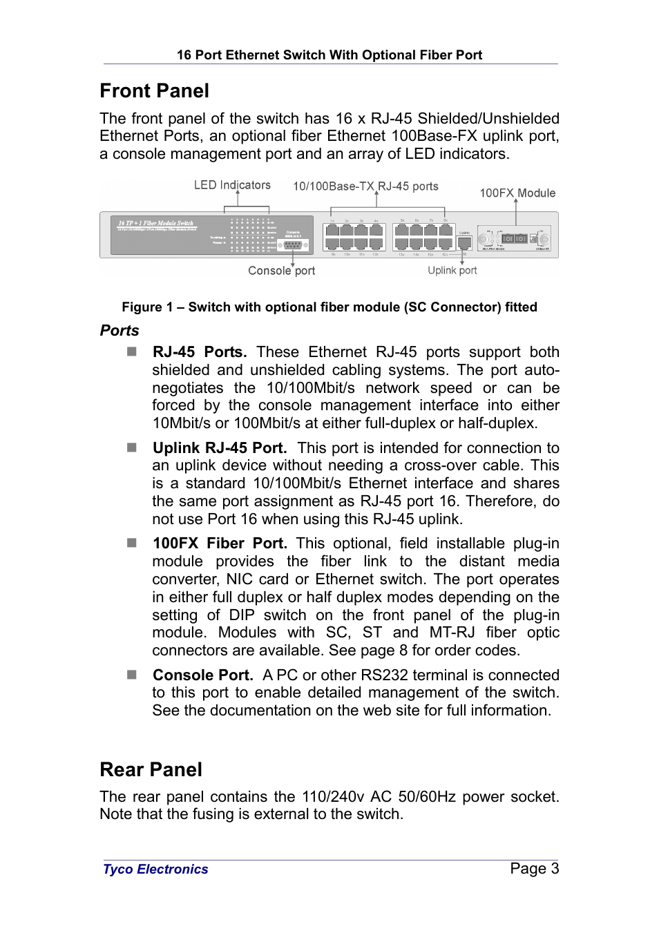 Front panel, Rear panel | Tyco Electronics 0-1591046-X User Manual | Page 3 / 9