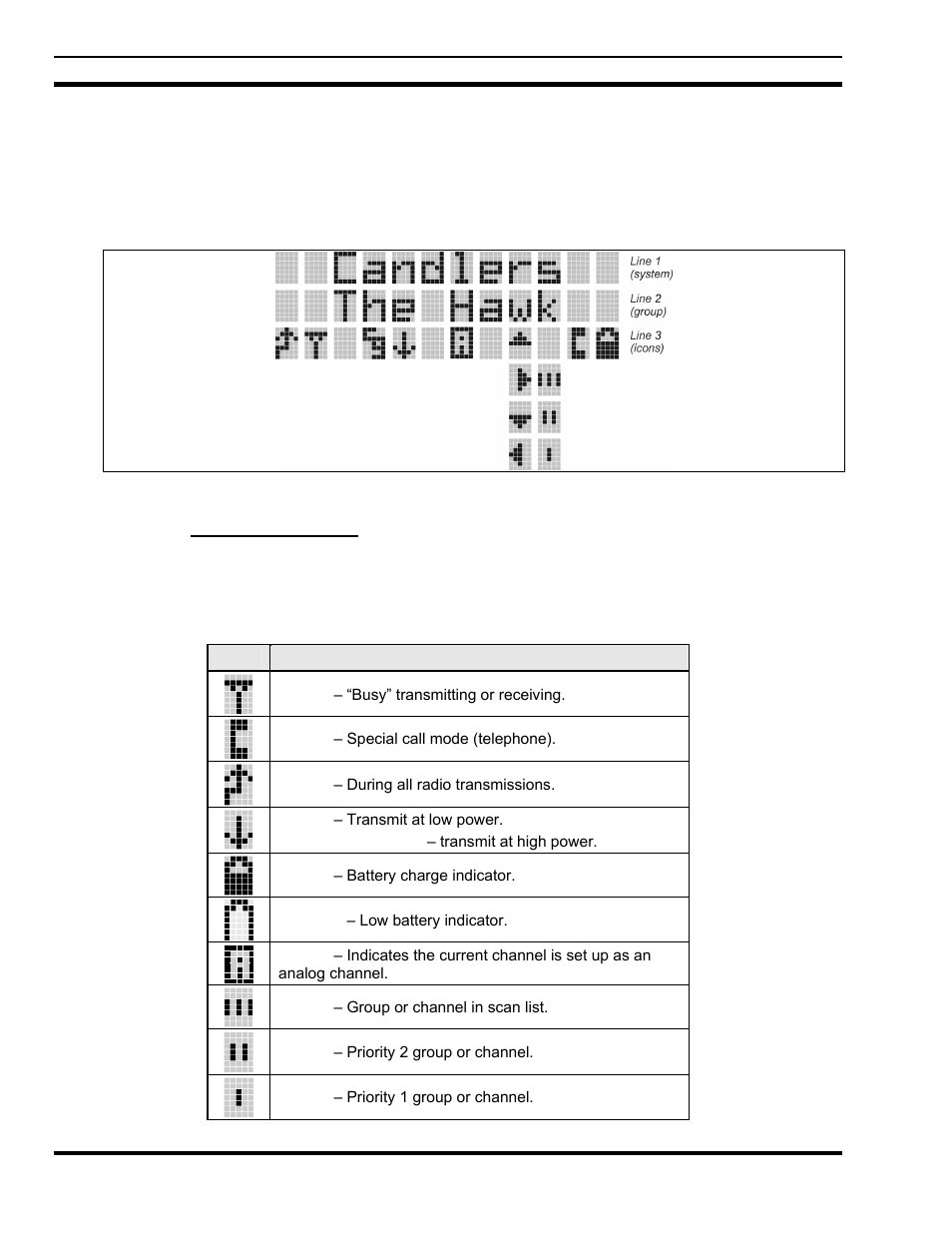 2 display, 1 radio status icons | Tyco Electronics P5200 User Manual | Page 108 / 122