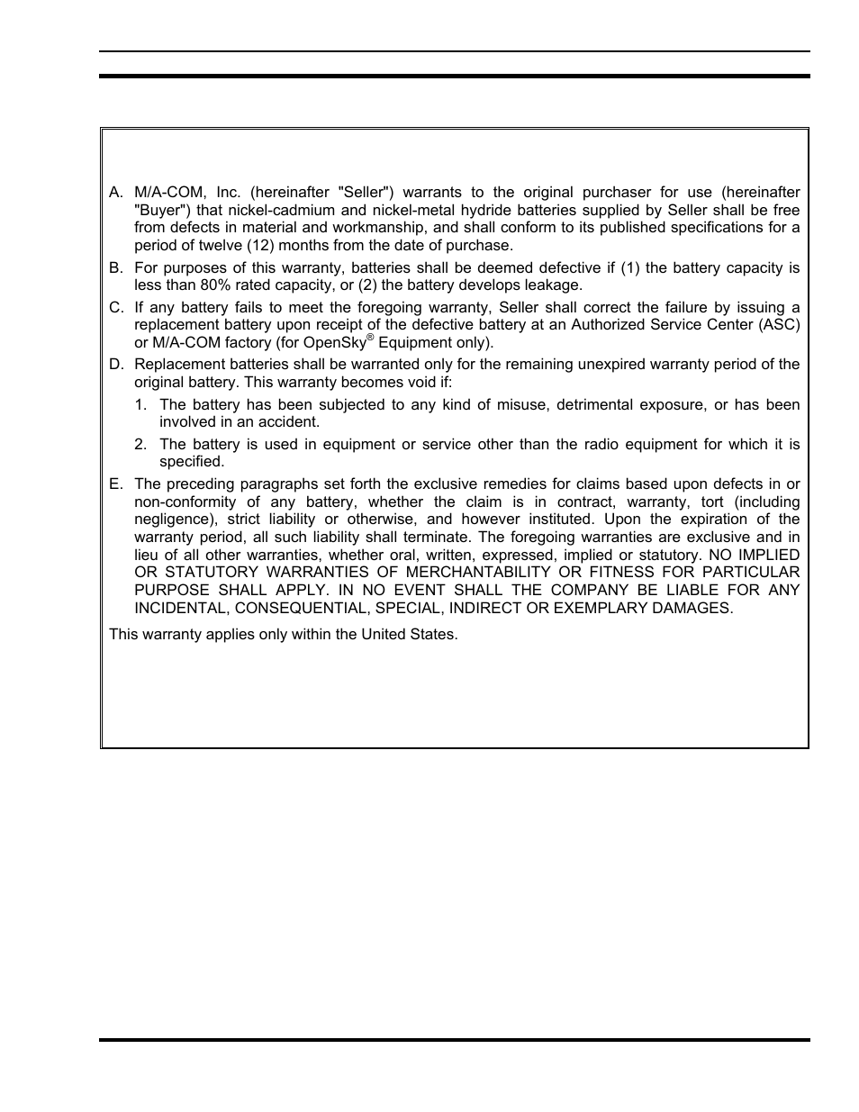 Battery warranty | Tyco Electronics P5200 User Manual | Page 119 / 122