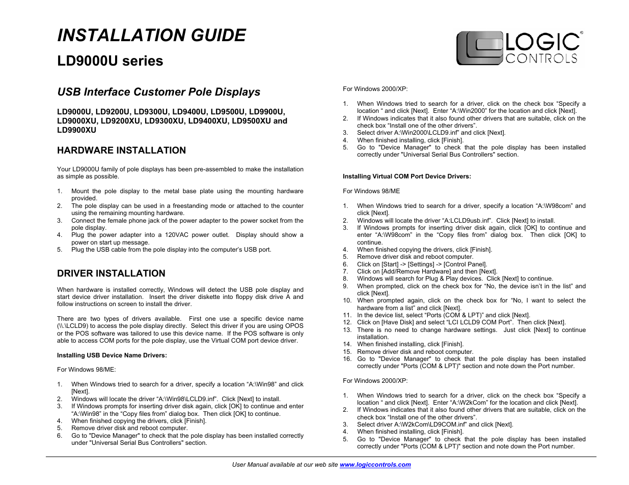 Installation guide, Ld9000u series, Usb interface customer pole displays | Hardware installation, Driver installation | Tyco Electronics LD9000 Series User Manual | Page 134 / 165