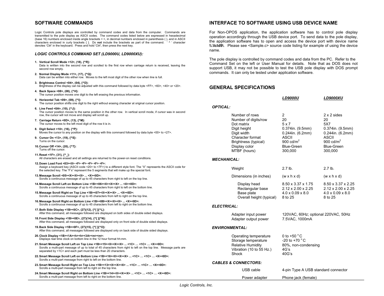 Software commands, Interface to software using usb device name, General specifications | Tyco Electronics LD9000 Series User Manual | Page 135 / 165