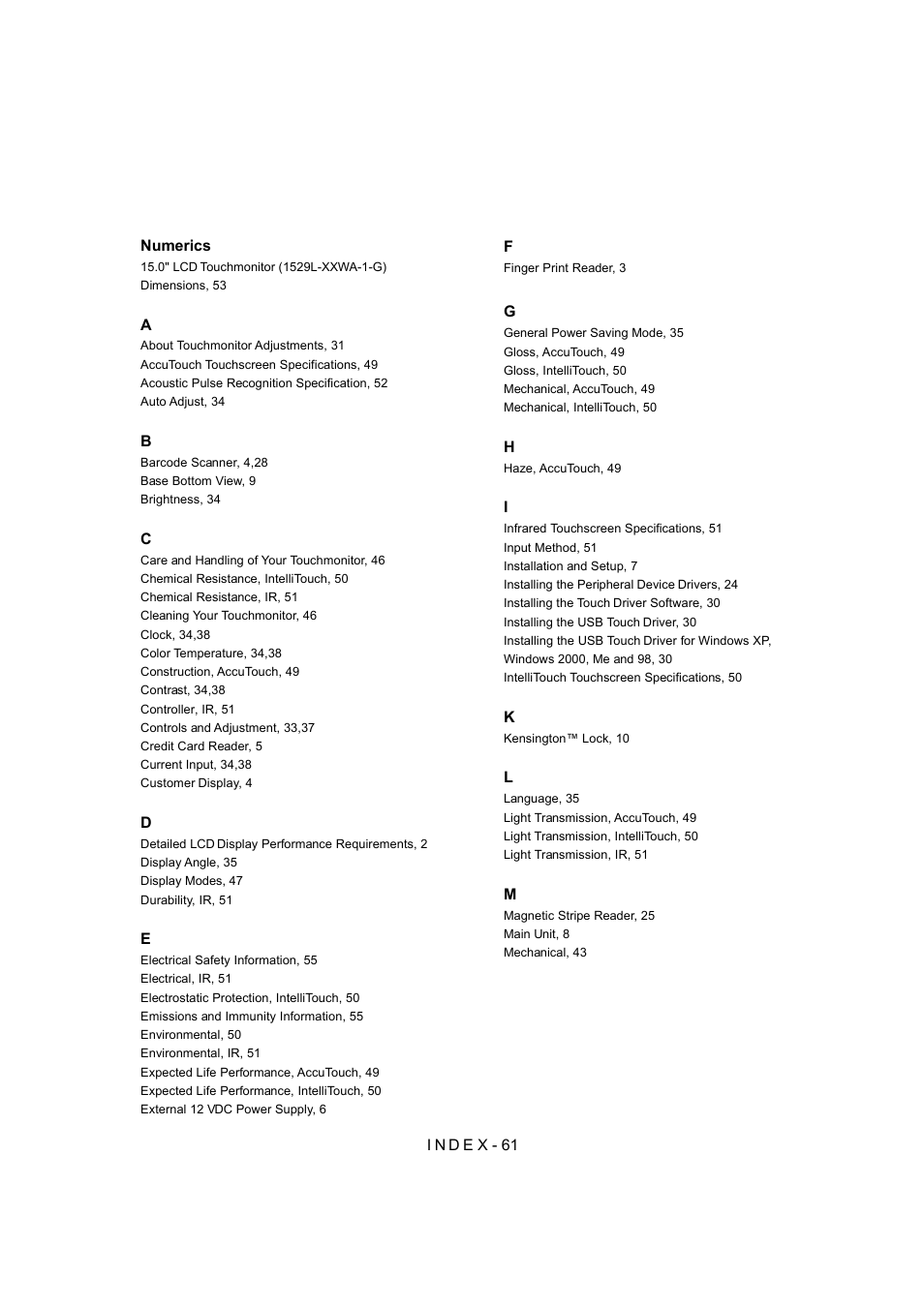 Index | Tyco Electronics LD9000 Series User Manual | Page 66 / 165