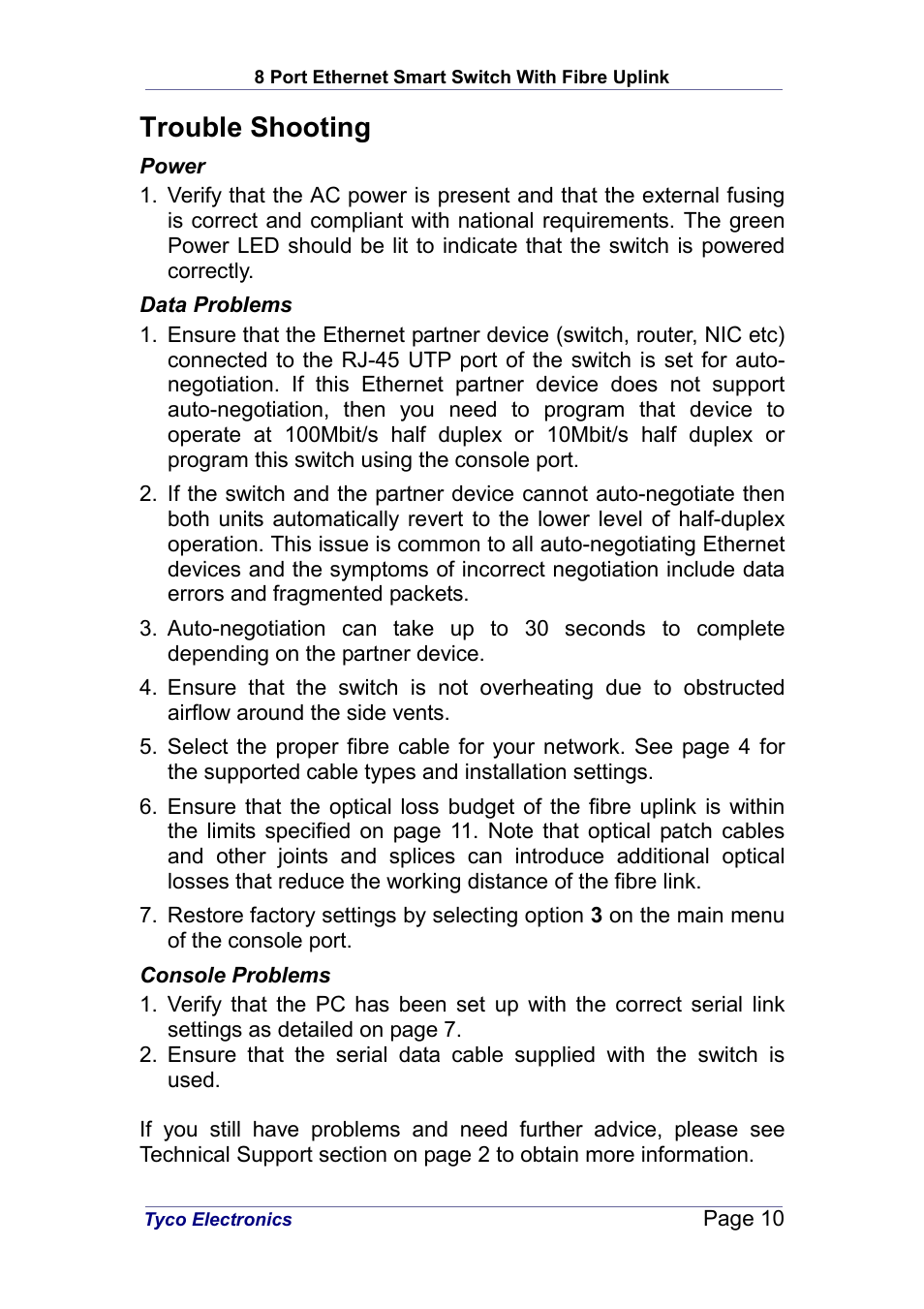 Trouble shooting | Tyco Electronics PL0349 User Manual | Page 10 / 12