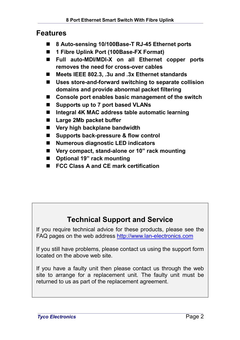 Features, Technical support and service | Tyco Electronics PL0349 User Manual | Page 2 / 12