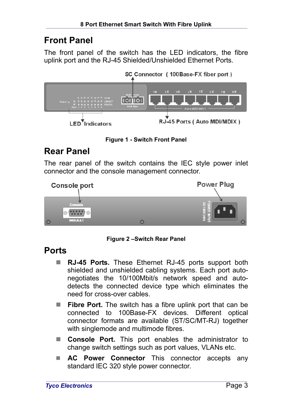 Front panel, Rear panel, Ports | Tyco Electronics PL0349 User Manual | Page 3 / 12