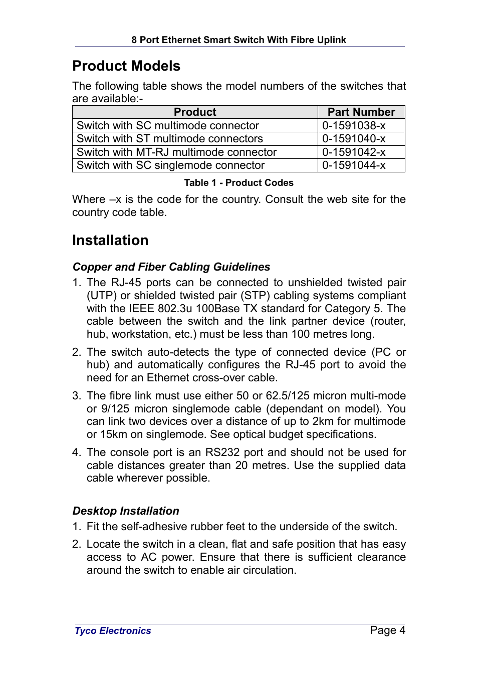 Product models, Installation | Tyco Electronics PL0349 User Manual | Page 4 / 12