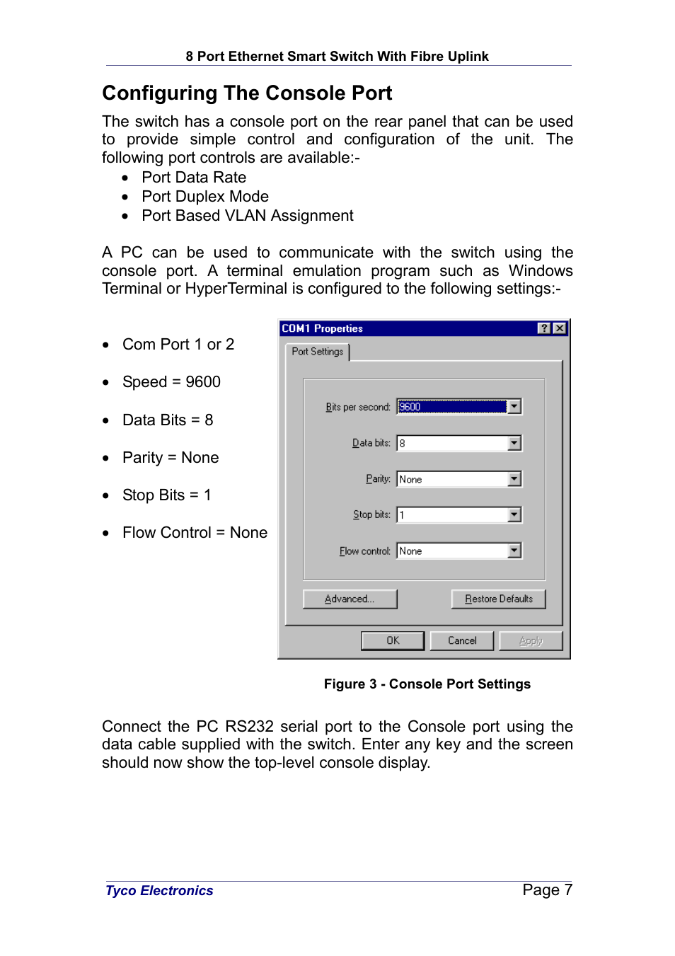 Configuring the console port | Tyco Electronics PL0349 User Manual | Page 7 / 12