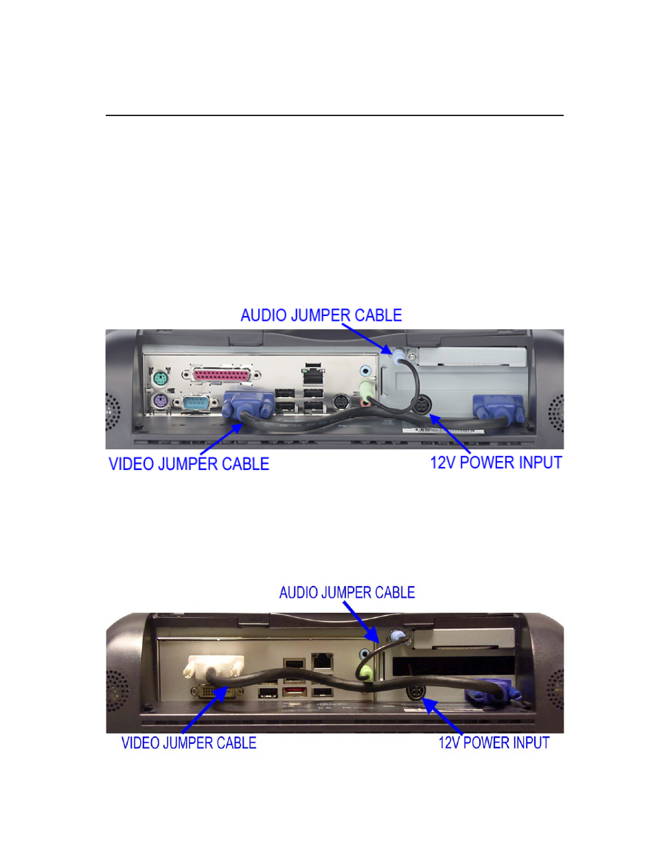 Initial connections, Standard unit, Advanced unit | Audio jumper cable, Video jumper cable | Tyco Electronics ELO TOUCHSYSTEMS TOUCHCOMPUTER 1520 User Manual | Page 9 / 53