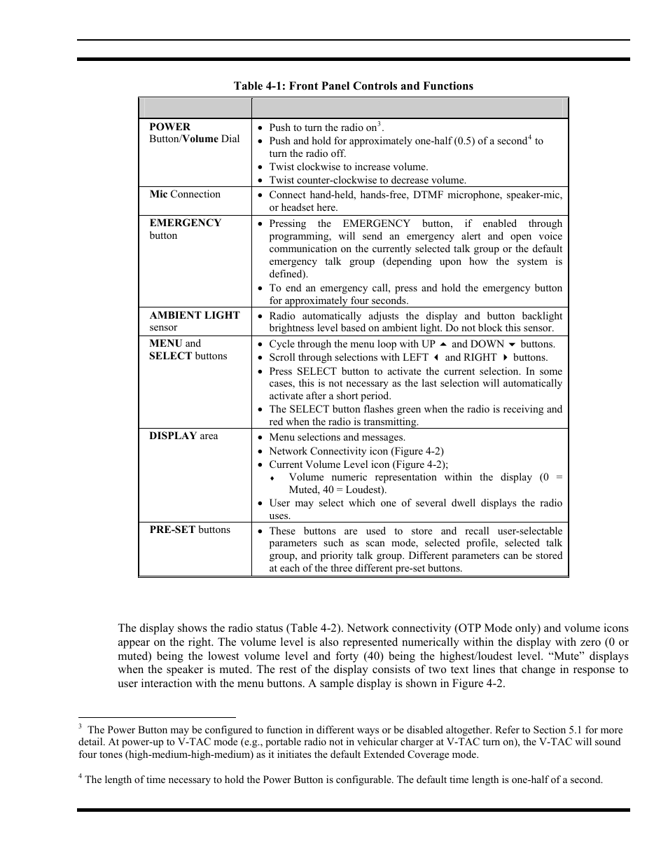 2 display overview, Display overview, Table 4-1: front panel controls and functions | Tyco Electronics MM102014V1 User Manual | Page 17 / 64