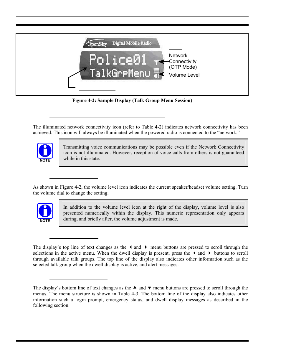 1 network connectivity icon (otp mode only), 2 volume level icon, 3 display’s top line | 4 display’s bottom line, Network connectivity icon (otp mode only), Volume level icon, Display’s top line, Display’s bottom line, Figure 4-2), Figure 4-2 | Tyco Electronics MM102014V1 User Manual | Page 18 / 64