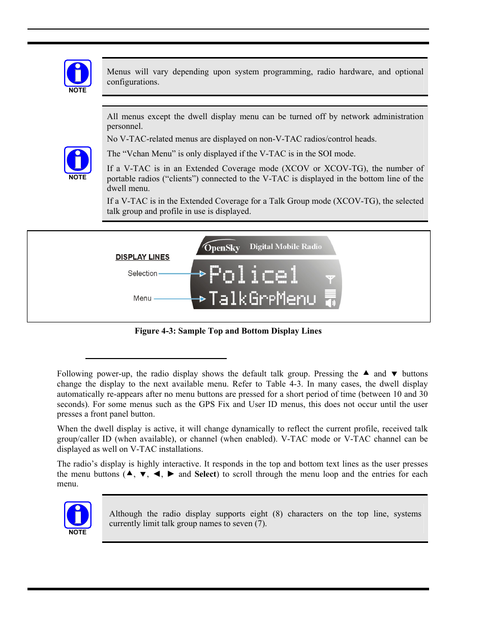 6 menu display and control area, Menu display and control area, Figure 4-3: sample top and bottom display lines | Tyco Electronics MM102014V1 User Manual | Page 22 / 64