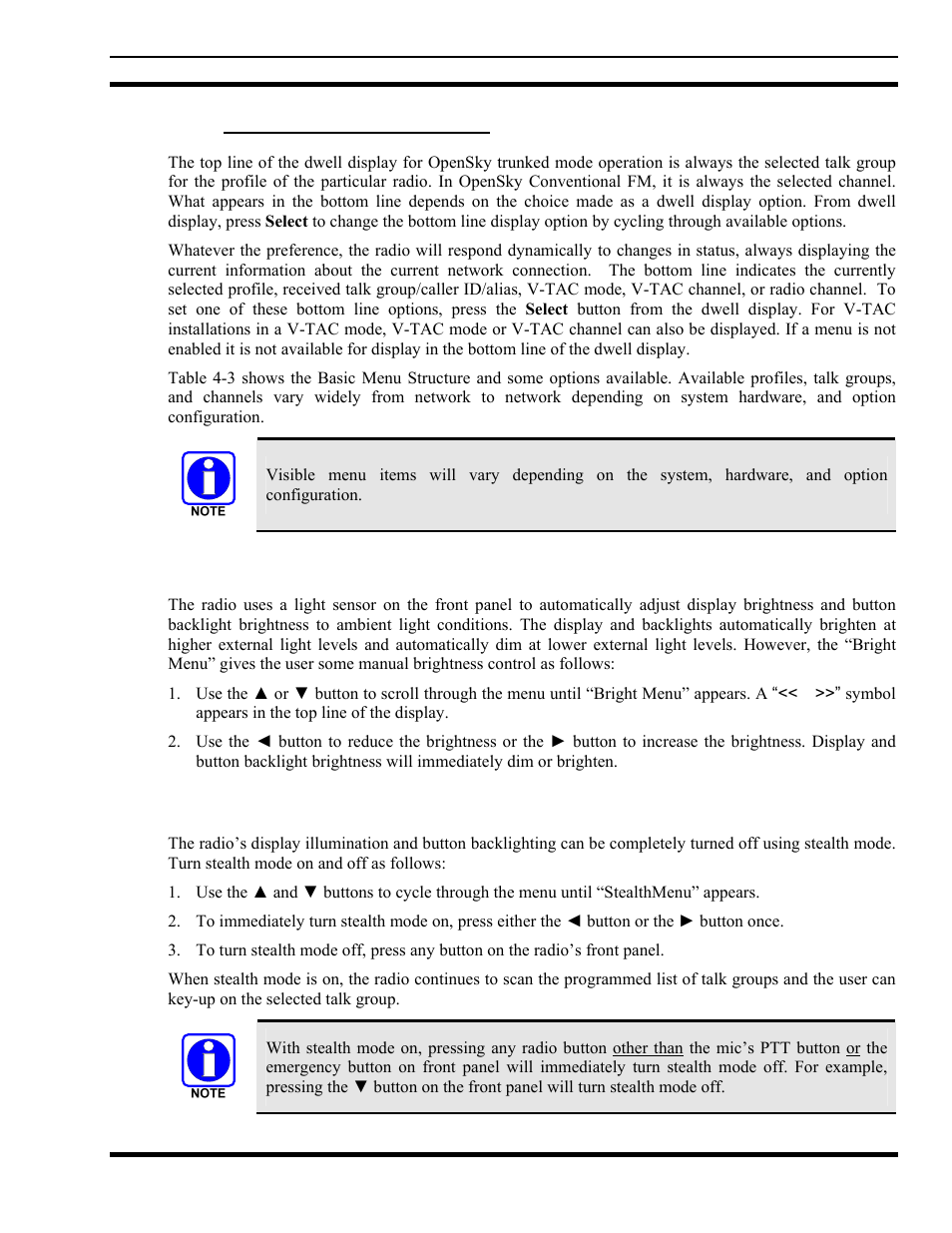 7 dwell display user-selectable, 3 adjusting display & button backlight brightness, 4 stealth mode | Dwell display user-selectable, Adjusting display & button backlight brightness, Stealth mode | Tyco Electronics MM102014V1 User Manual | Page 23 / 64