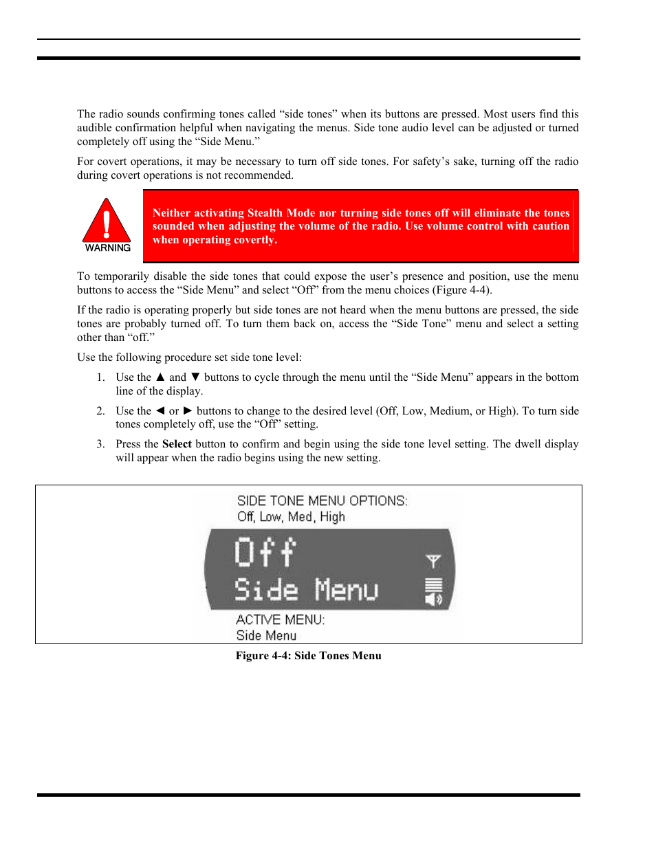 5 adjusting side tone audio level, Adjusting side tone audio level, Figure 4-4: side tones menu | Tyco Electronics MM102014V1 User Manual | Page 24 / 64