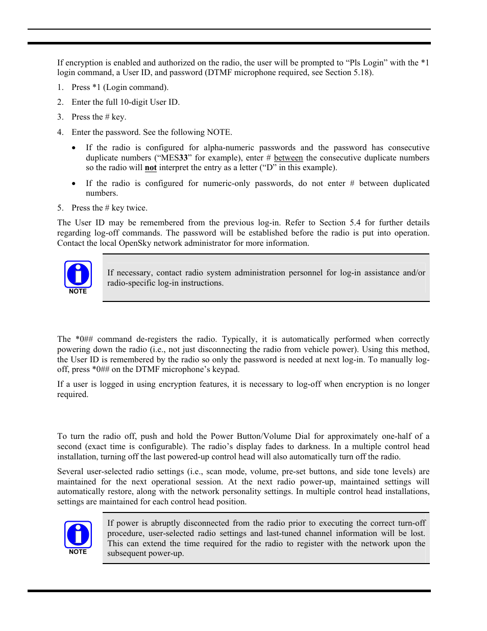 4 logging off the network, 5 turning the radio off, Logging off the network | Turning the radio off | Tyco Electronics MM102014V1 User Manual | Page 28 / 64