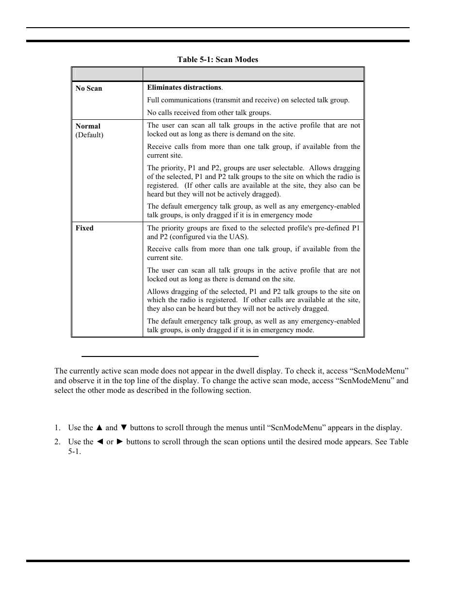 1 checking or changing active scan mode, 1 changing scan mode, Checking or changing active scan mode | Table 5-1: scan modes | Tyco Electronics MM102014V1 User Manual | Page 36 / 64