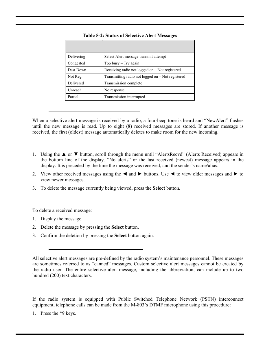2 receiving selective alert messages, 1 displaying messages received, 2 deleting messages received | 3 defining pre-programmed messages, 16 telephone interconnect calls, Receiving selective alert messages, Defining pre-programmed messages, Telephone interconnect calls, Table 5-2: status of selective alert messages, Table 5-2 for a lis | Tyco Electronics MM102014V1 User Manual | Page 40 / 64