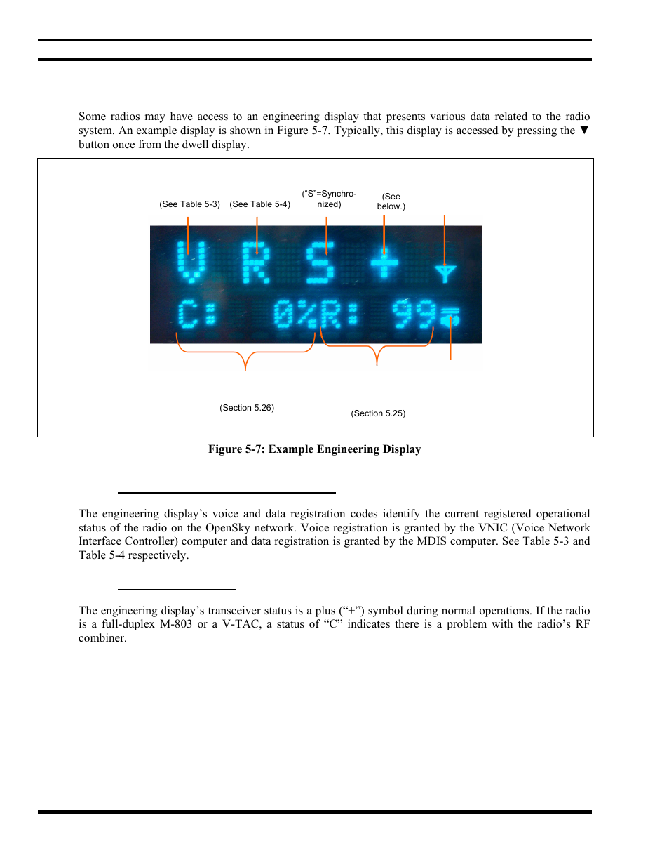 24 engineering display, 1 voice and data registration codes, 2 transceiver status | Engineering display, Voice and data registration codes, Transceiver status, Figure 5-7: example engineering display | Tyco Electronics MM102014V1 User Manual | Page 54 / 64