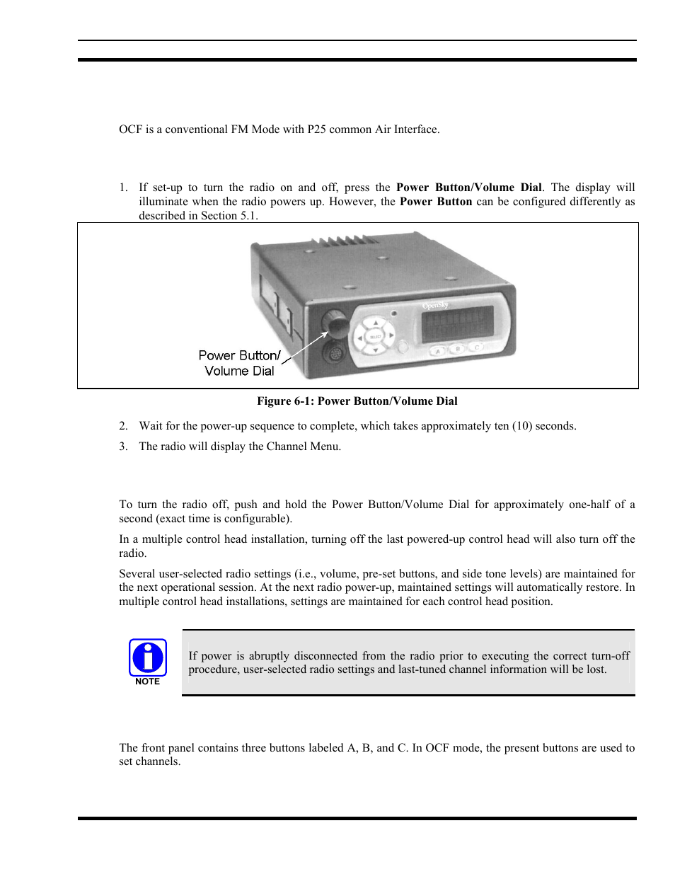 6 basic operation in ocf mode, 1 turning the radio on, 2 turning the radio off | 3 preset buttons, Basic operation in ocf mode, Turning the radio on, Turning the radio off, Preset buttons, Figure 6-1: power button/volume dial | Tyco Electronics MM102014V1 User Manual | Page 57 / 64