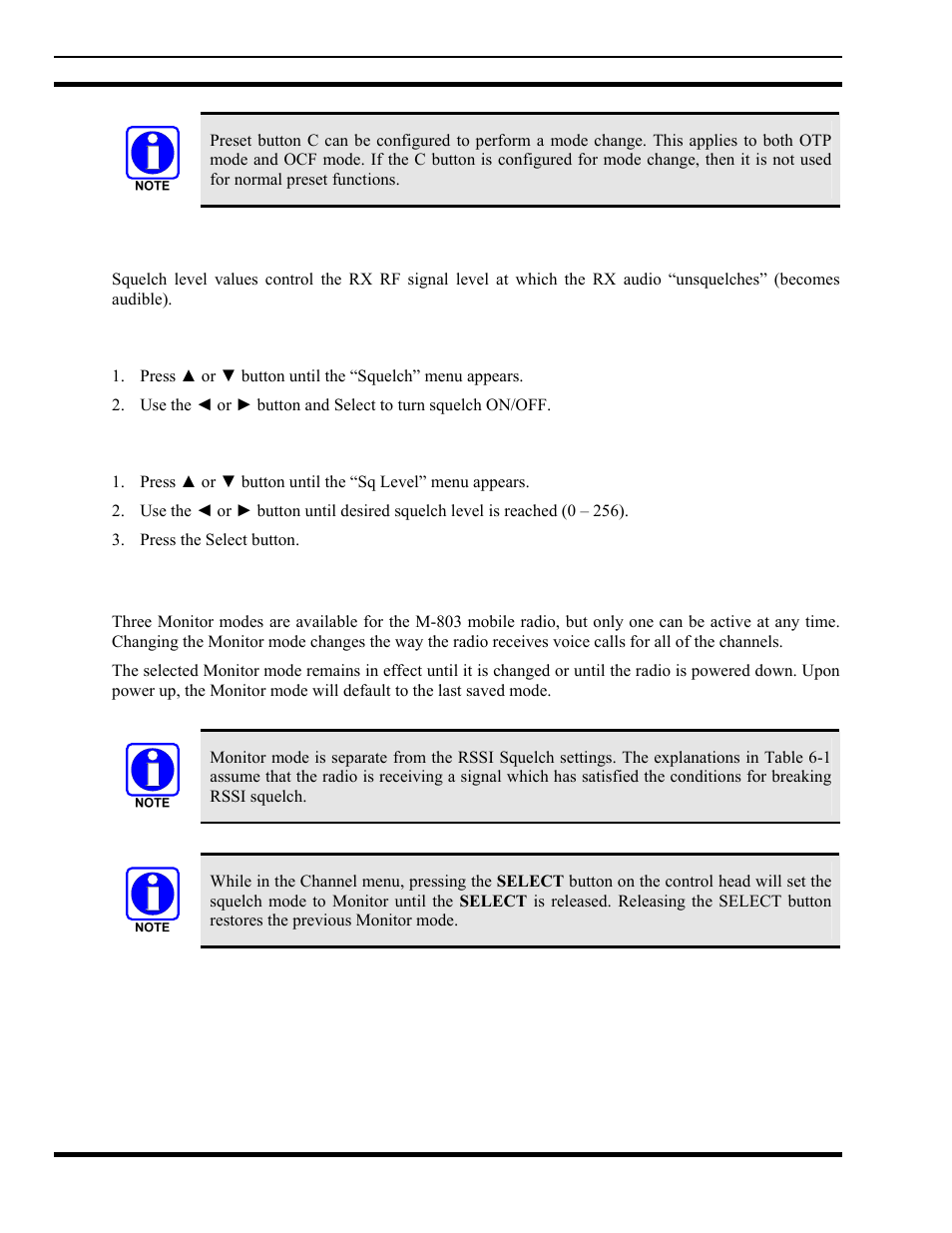 4 squelch, 1 turn squelch on/off, 2 set squelch level | 5 select monitor mode, Squelch, Select monitor mode | Tyco Electronics MM102014V1 User Manual | Page 58 / 64