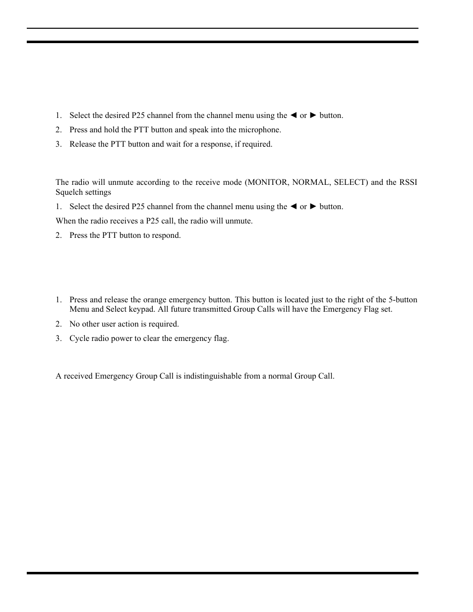 6 group calls in p25 (digital) mode, 1 transmitting a group call, 2 receiving a group call | 7 emergency group calls in p25 mode, 1 declaring an emergency group call, 2 receiving an emergency call, Group calls in p25 (digital) mode, Emergency group calls in p25 mode | Tyco Electronics MM102014V1 User Manual | Page 60 / 64