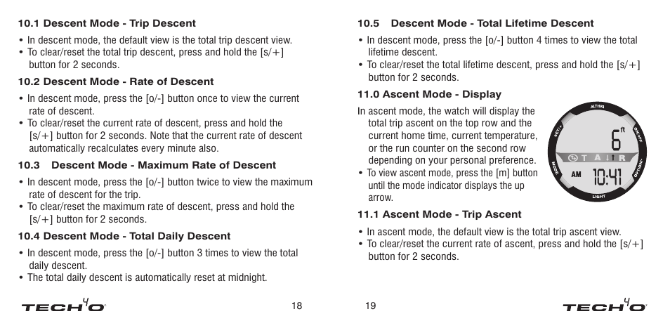 2 temperature mode - temperature features, 0 altitude mode - display, 1 altitude mode - setting | Temperature mode - temperature features, Altimeter mode - display, Altimeter mode - setting | Tech4o Alti-Ski User Manual | Page 10 / 13