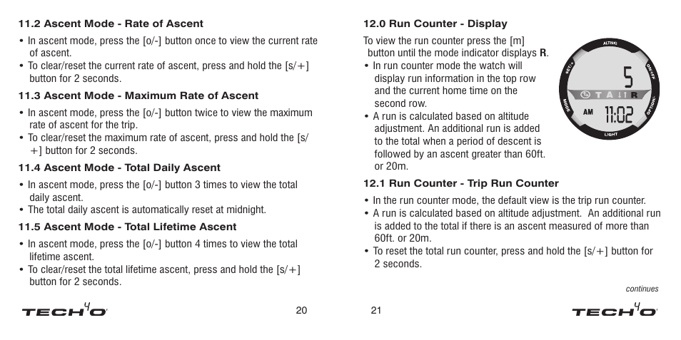 2 altitude mode - maximum altitude, 3 altitude mode - barometric pressure, 0 descent mode - display | 1 descent mode - trip descent, Altimeter mode - max altitude, Altimeter mode - barometric pressure, Descent mode - display, Descent mode - trip descent | Tech4o Alti-Ski User Manual | Page 11 / 13