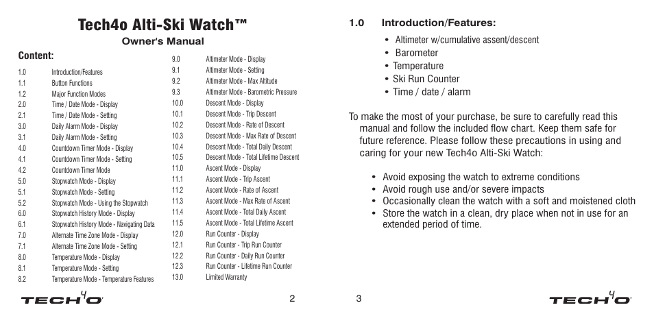 0 introduction, Tech4o alti-ski watch | Tech4o Alti-Ski User Manual | Page 2 / 13