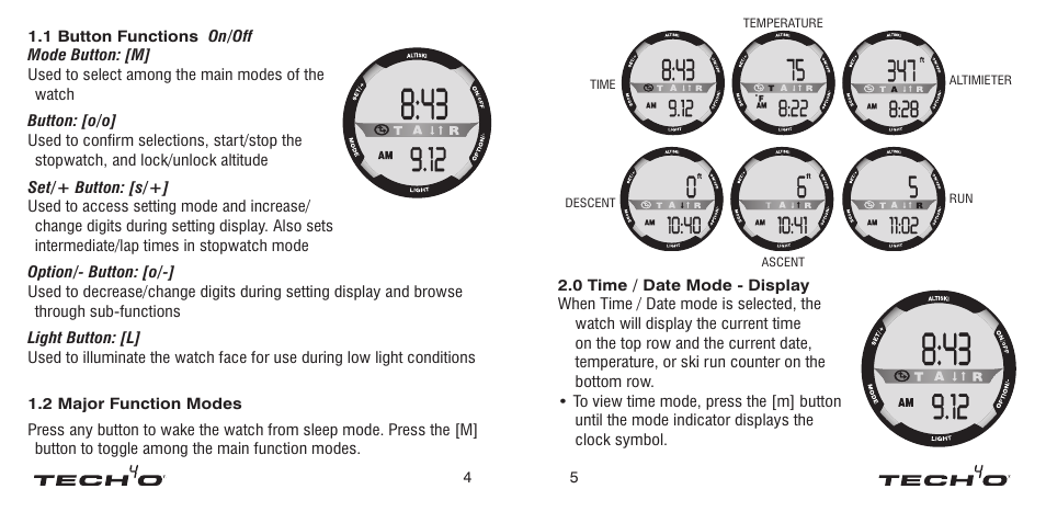 1 button functions, Button functions | Tech4o Alti-Ski User Manual | Page 3 / 13